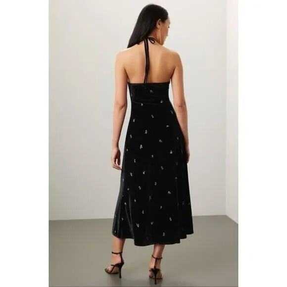 NWT WeWoreWhat Embroidered Flower Velvet High Neck Halter Midi Dress Black - Picture 5 of 16